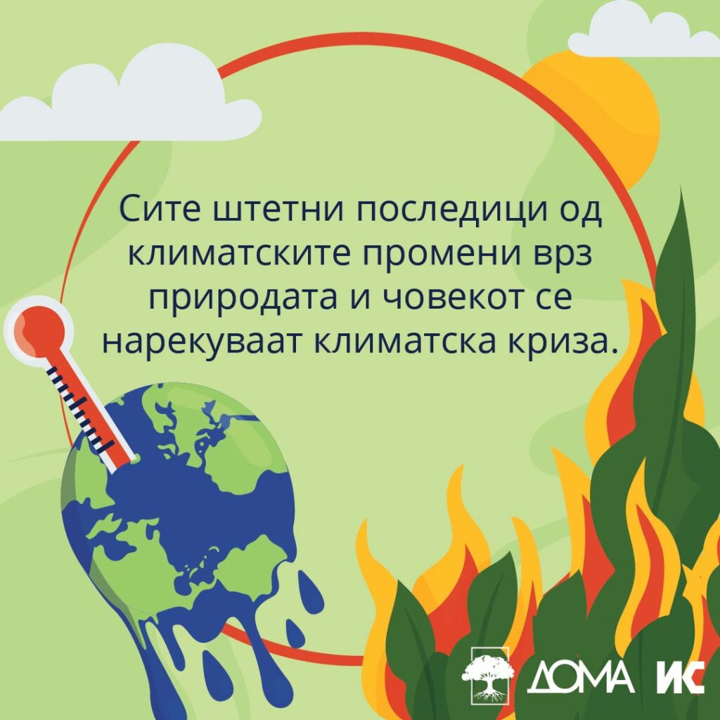 Илустрација со текст: Сите штетни последици од климатските промени врз природата и човекот се нарекуваат климатска криза.