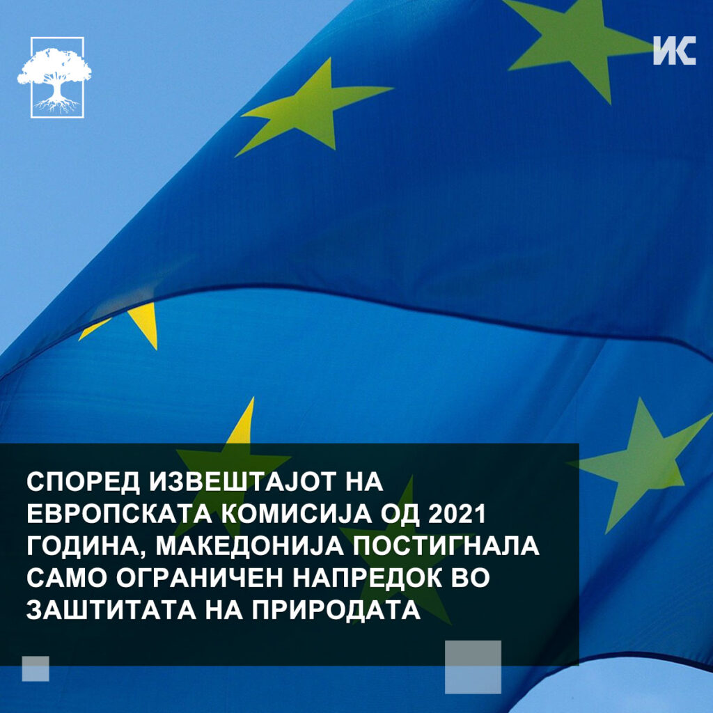 Фотографија од знамето на ЕУ, со текст: Според извештајот на Европската комисија од 2021 година, Македонија постигнала само ограничен напредок во заштитата на природата. 