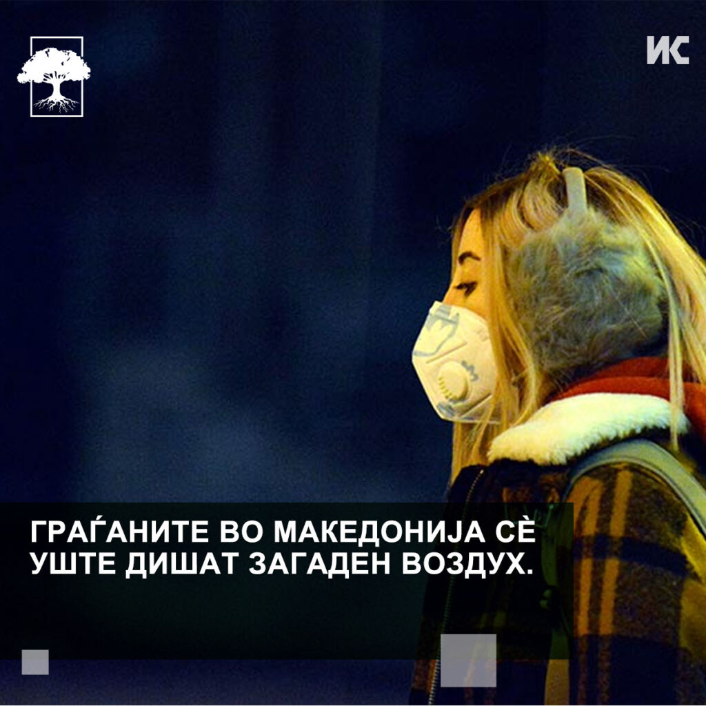 Фотографија од девојка со маска која се движи на отворено во зима, со текст: Граѓаните во Македонија сѐ уште дишат загаден воздух. 