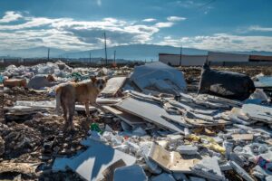 На фотографијата се гледа куче како стои на купиште ѓубре и шут, оставен на дива депонија.