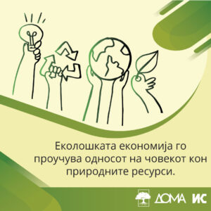 Илустрација од раце како држат еколошки симболи, со текст: „Еколошката економија го проучува односот на човекот кон природните ресурси.“